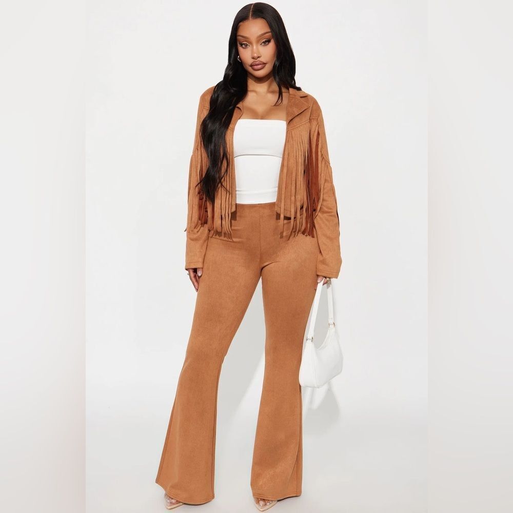 Lorene Faux Suede Flare Pant Set - Brown